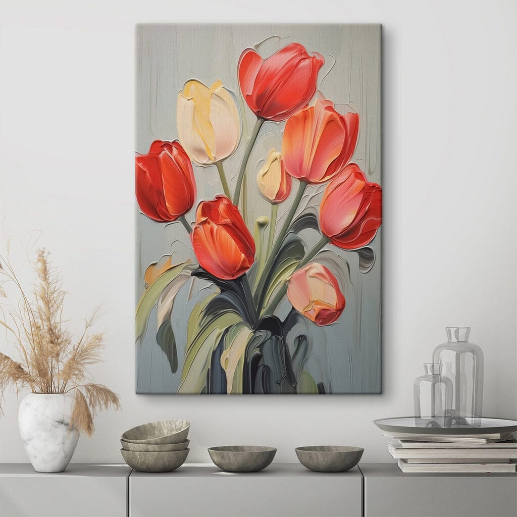 Painting of tulips on a grey background