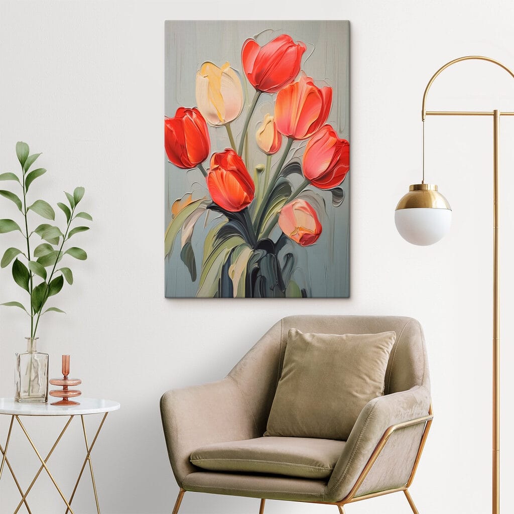 Painting of tulips on a grey background