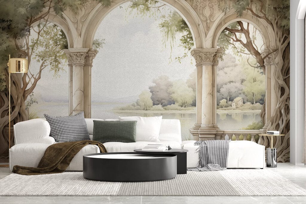 Watercolor painting of a stone archway with trees and a lake Watercolor painting of a stone archway with trees and a lake