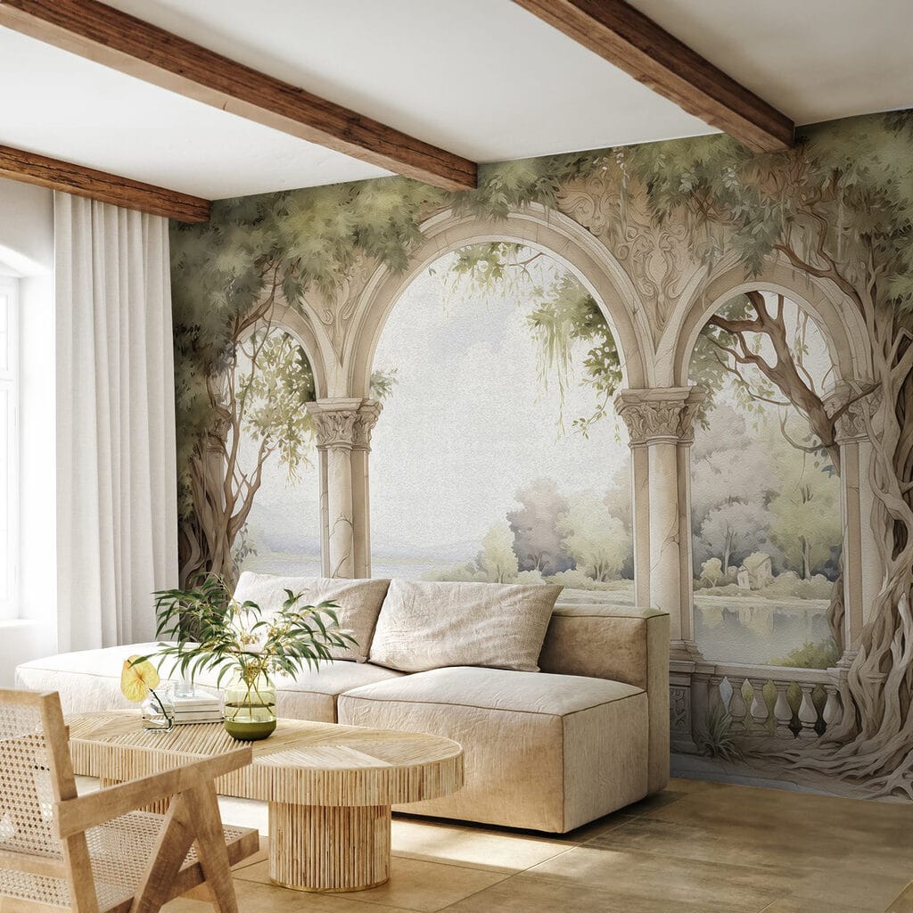 Watercolor painting of a stone archway with trees and a lake Watercolor painting of a stone archway with trees and a lake