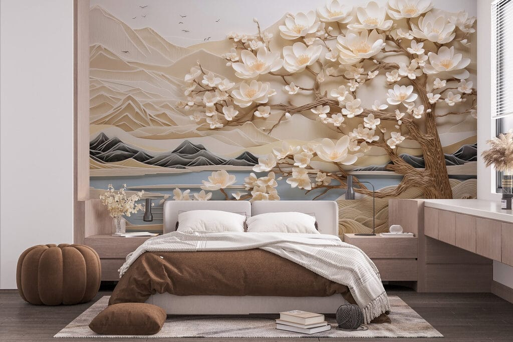 Tree with white flowers and mountains Tree with white flowers and mountains