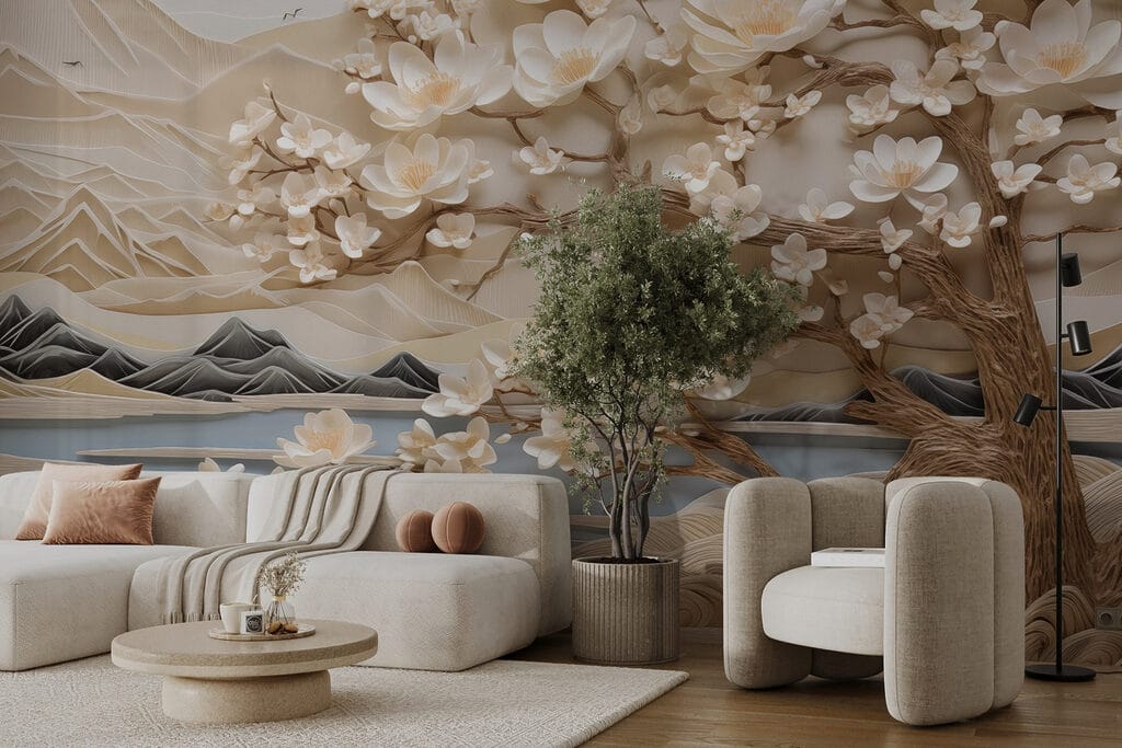 Tree with white flowers and mountains Tree with white flowers and mountains