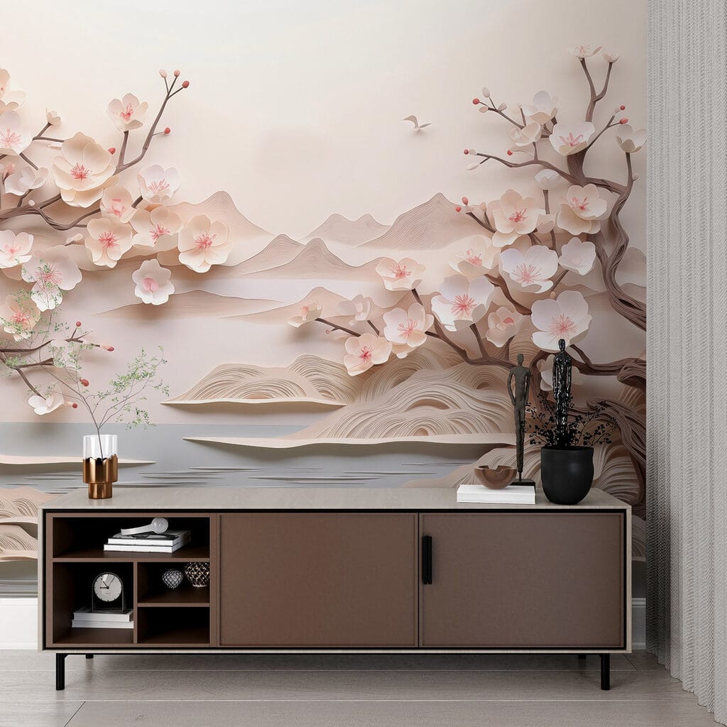 Paper cut out of a tree with flowers and water Paper cut out of a tree with flowers and water