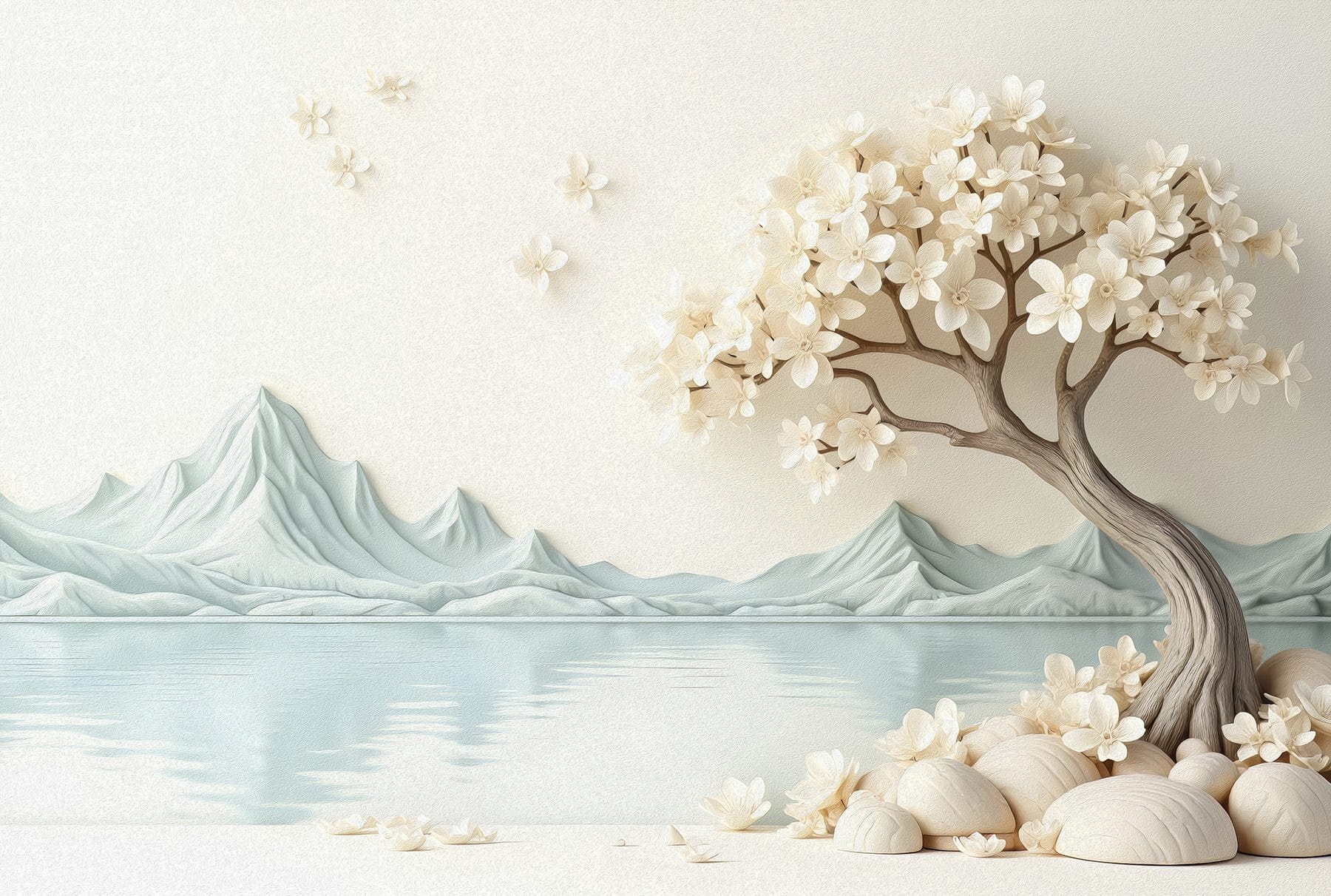 Tree with flowers and rocks next to water Tree with flowers and rocks next to water