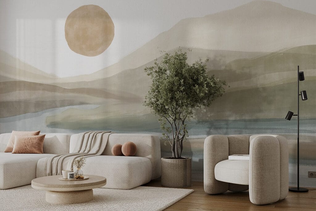 Watercolor painting of a river and mountains