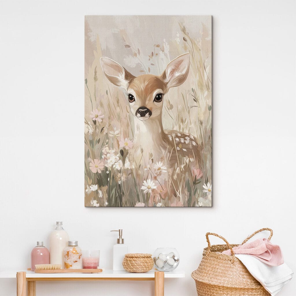 Painting of a deer in a field of flowers