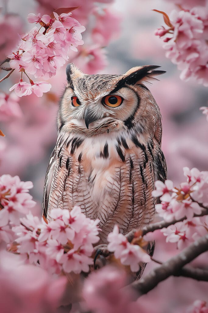 An owl in a tree with pink flowers
