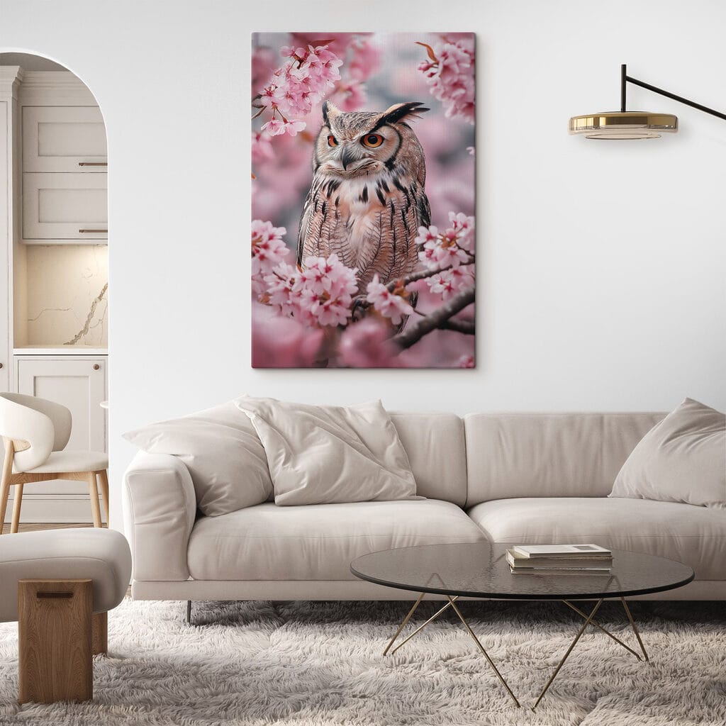 An owl in a tree with pink flowers