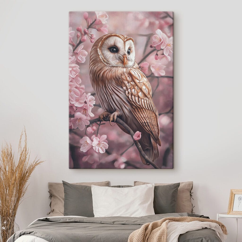 Owl sitting on a branch with pink flowers