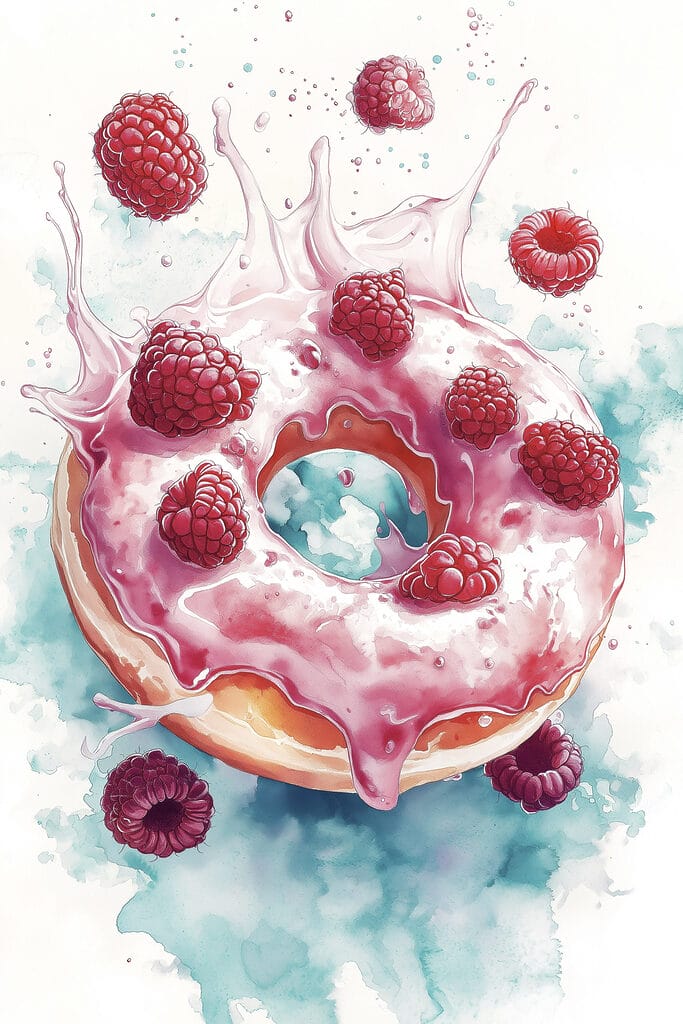 Painting of a donut with raspberries and milk splashing Painting of a donut with raspberries and milk splashing