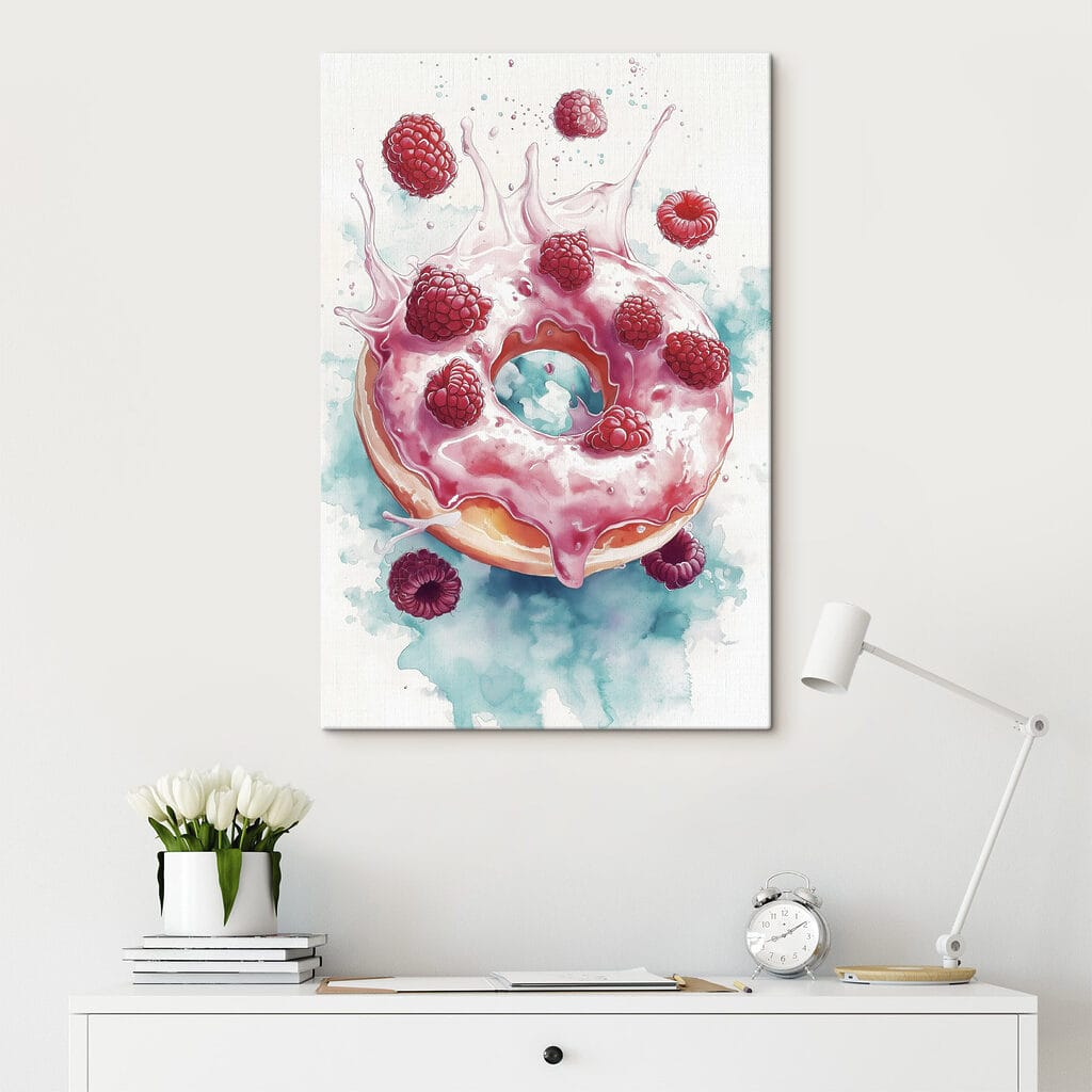 Painting of a donut with raspberries and milk splashing Painting of a donut with raspberries and milk splashing