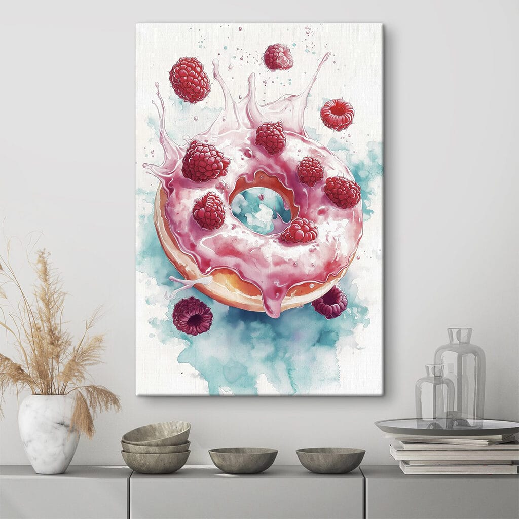 Painting of a donut with raspberries and milk splashing Painting of a donut with raspberries and milk splashing