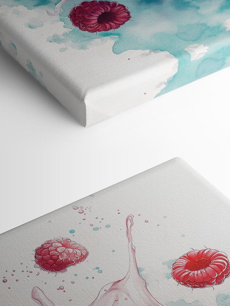 Painting of a donut with raspberries and milk splashing Painting of a donut with raspberries and milk splashing