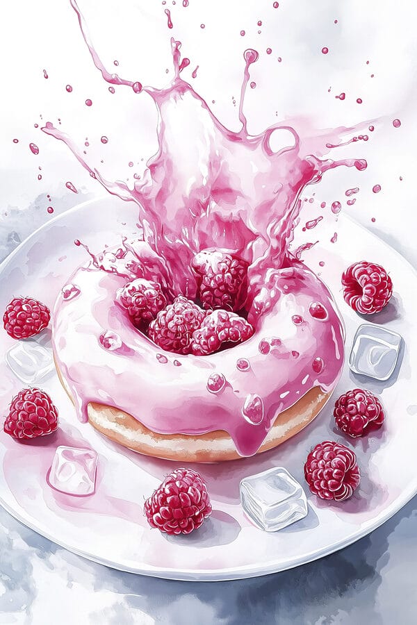 Donut s ružovou polevou a malinami striekajúci na biely tanier Donut s ružovou polevou a malinami striekajúci na biely tanier