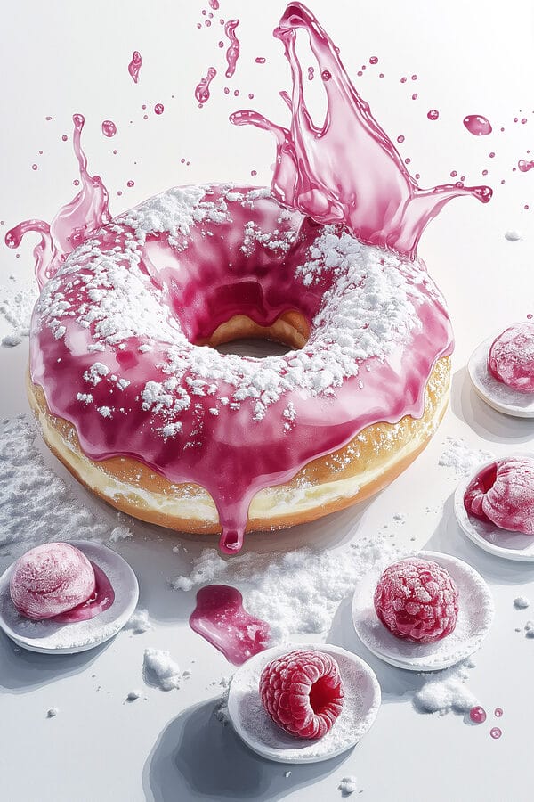 Donut s ružovou polevou a práškovým cukrom Donut s ružovou polevou a práškovým cukrom