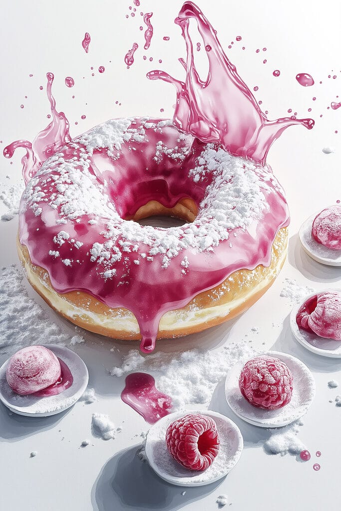 Donut with pink frosting and powdered sugar