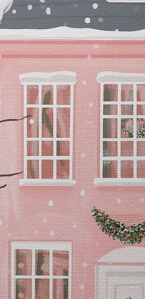 Pink house with trees and snow Pink house with trees and snow