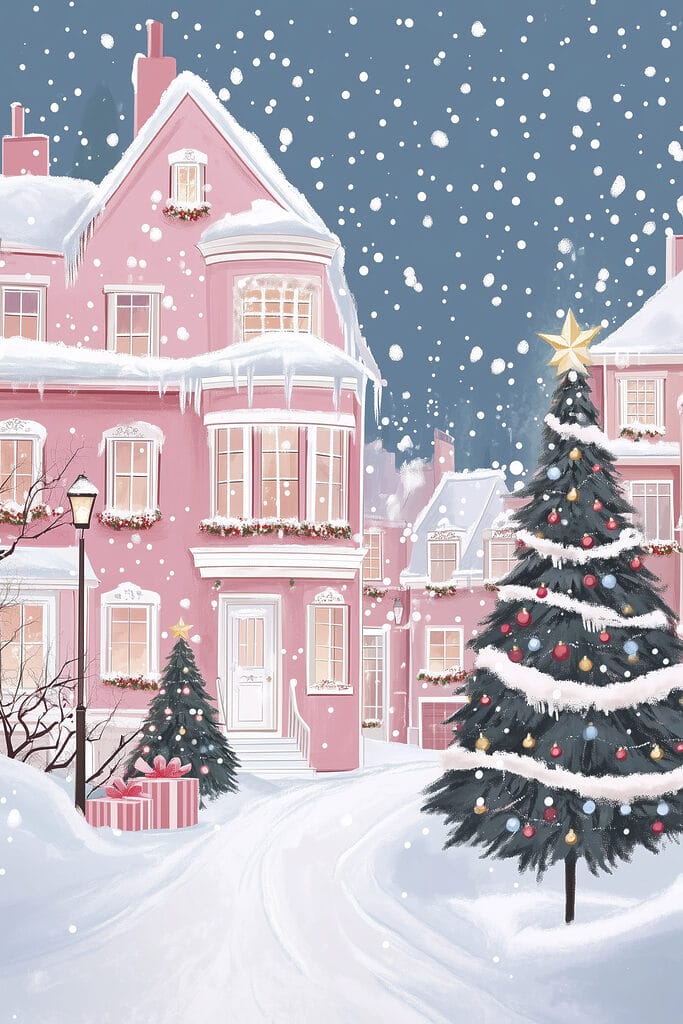 Christmas tree in front of a pink house