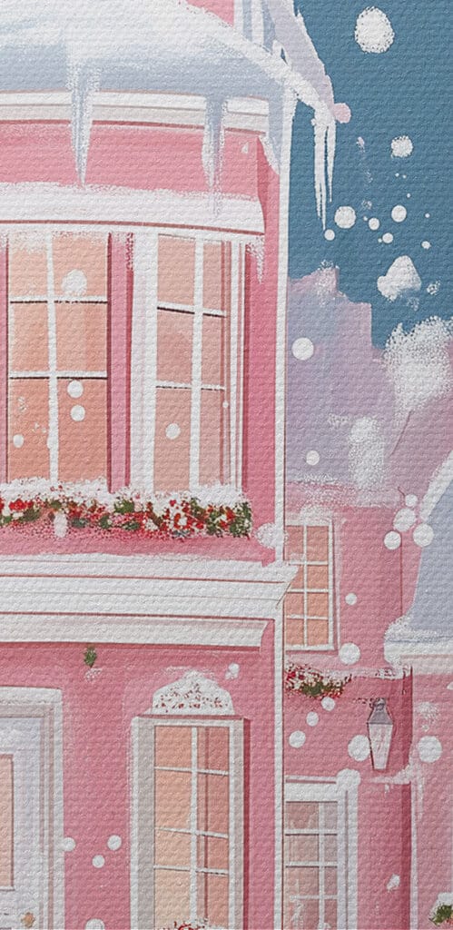 Christmas tree in front of a pink house