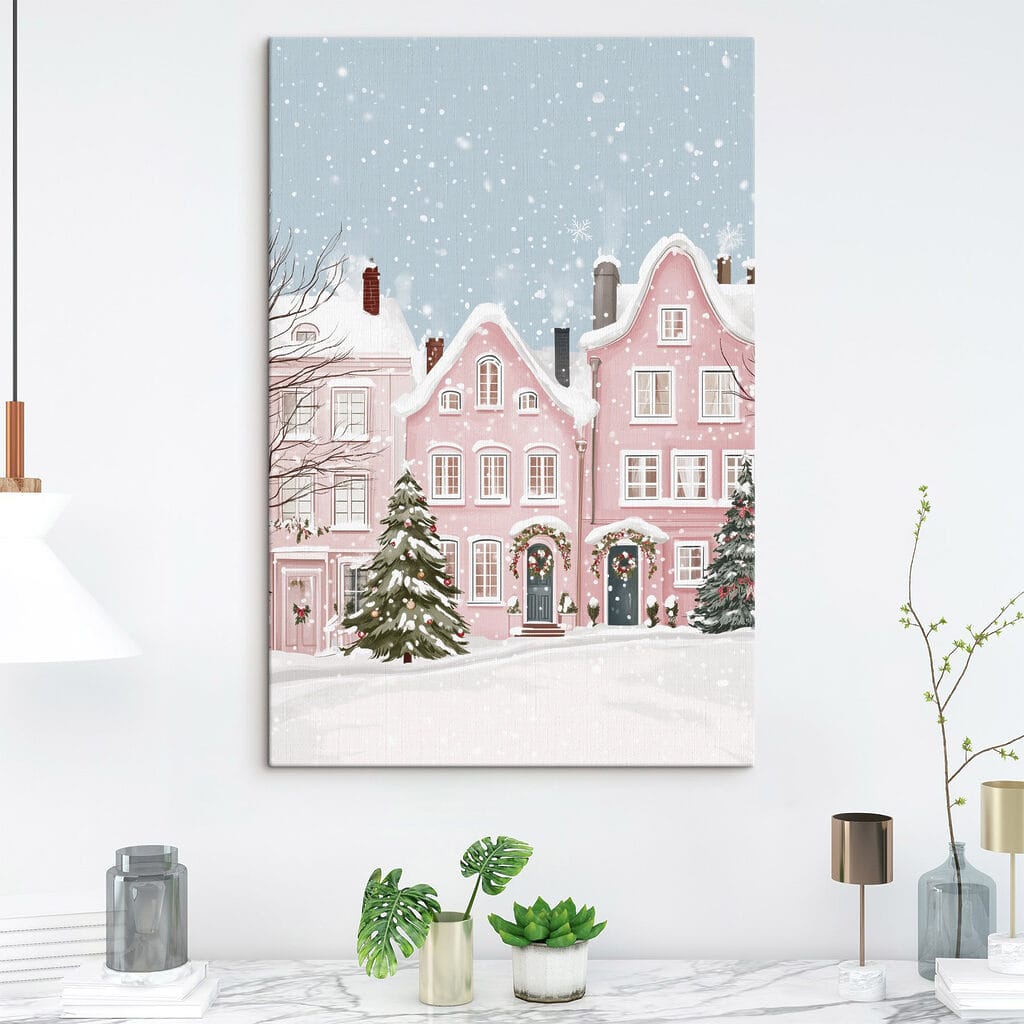 Pink house with snow on it