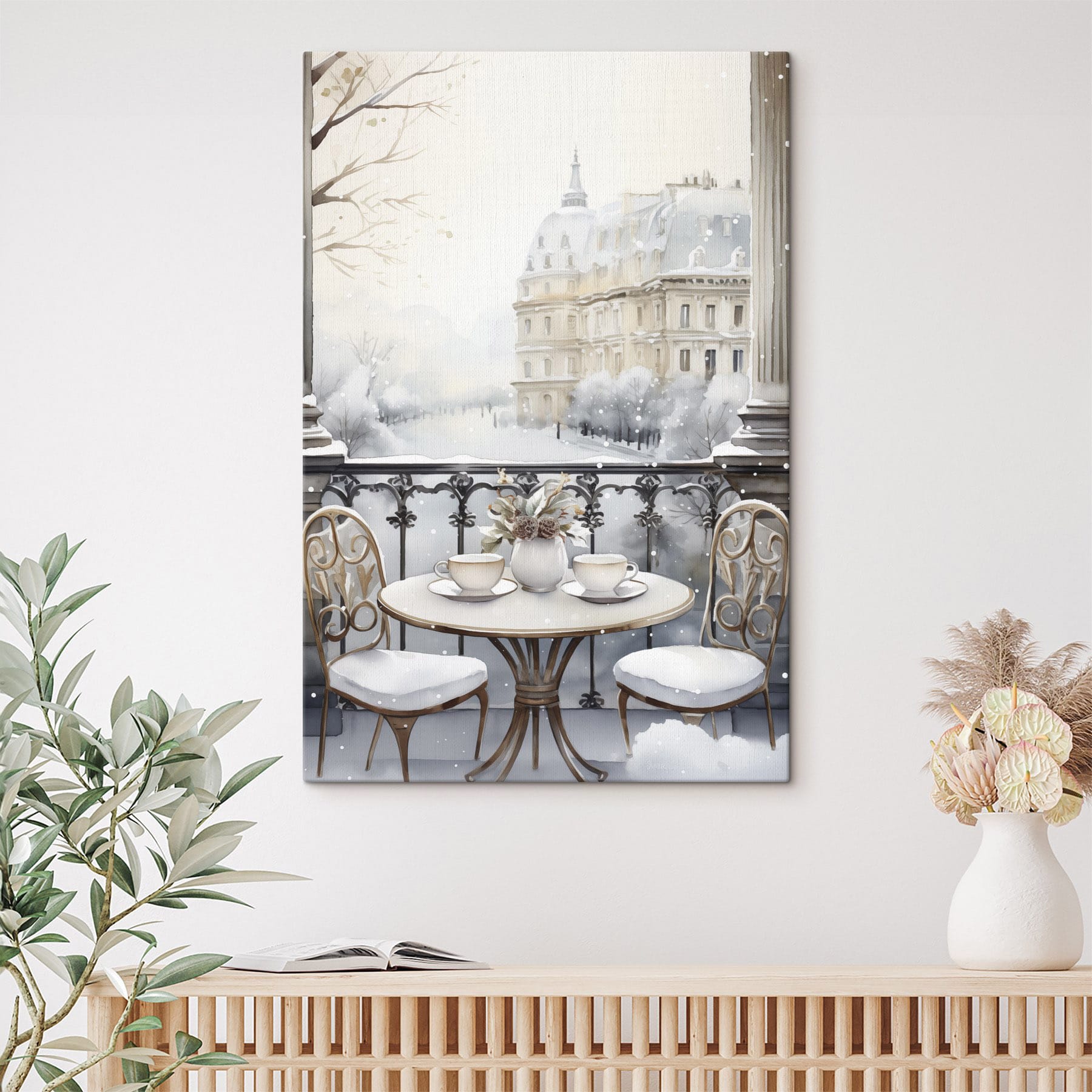 Table with cups and a vase of flowers on it with a snowy landscape Table with cups and a vase of flowers on it with a snowy landscape