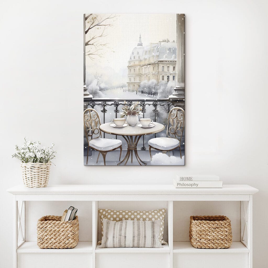 Table with cups and a vase of flowers on it with a snowy landscape Table with cups and a vase of flowers on it with a snowy landscape