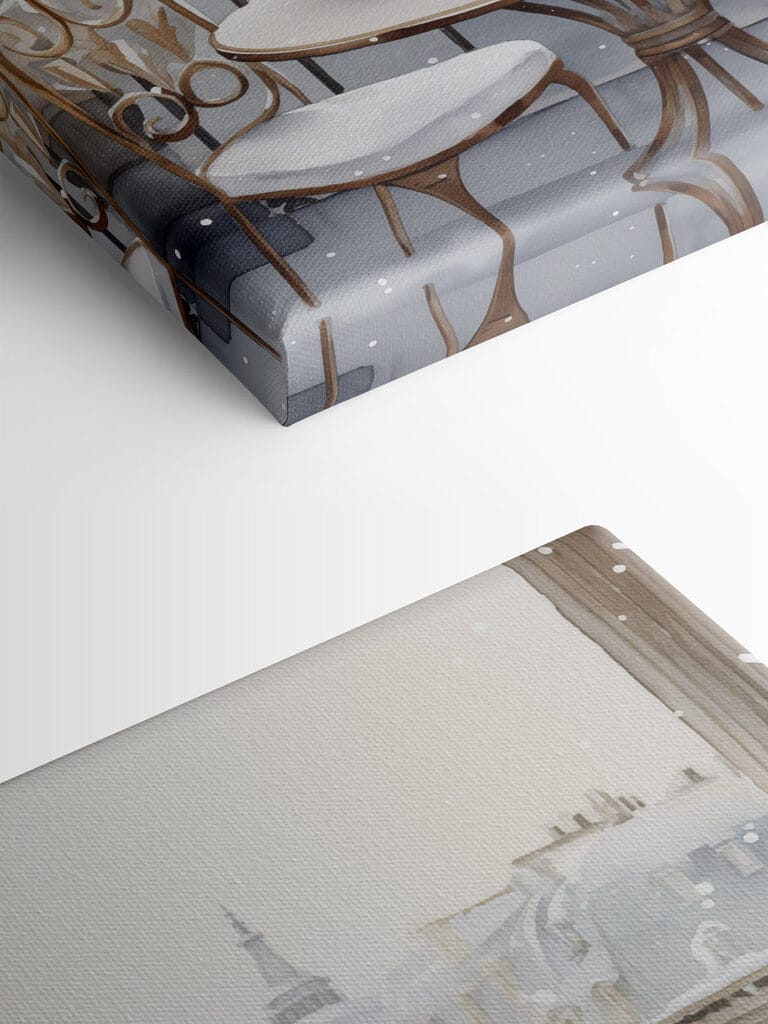 Table with cups and a vase of flowers on it with a snowy landscape Table with cups and a vase of flowers on it with a snowy landscape