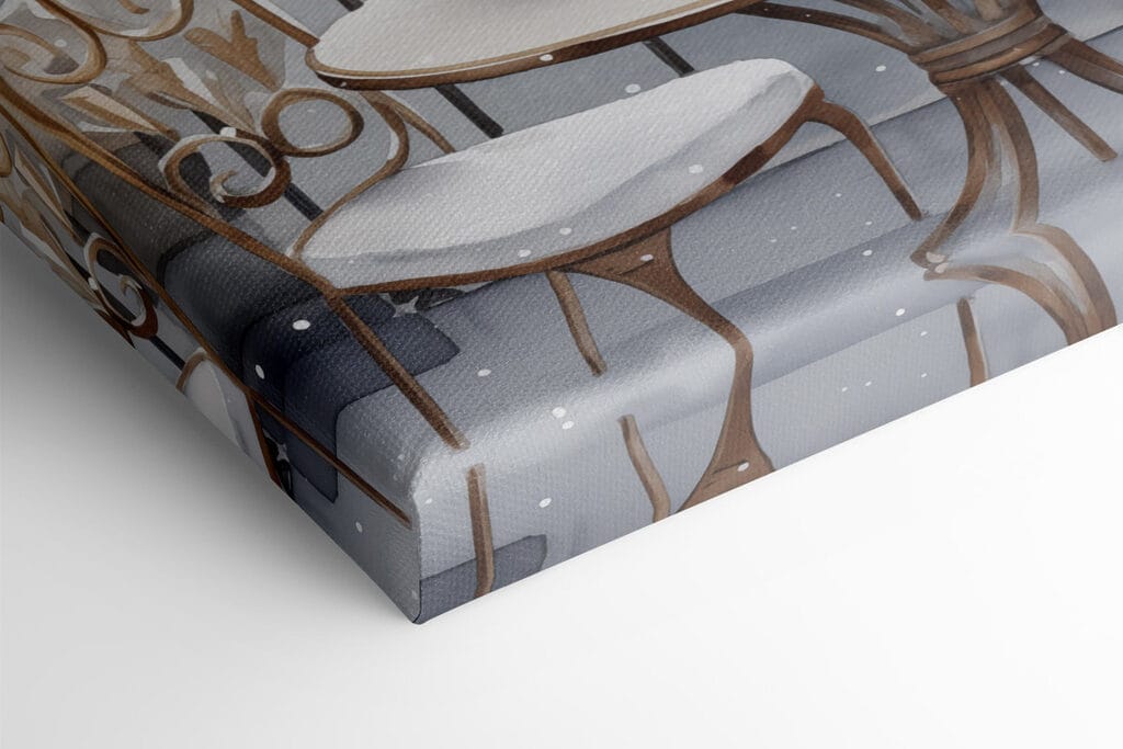 Table with cups and a vase of flowers on it with a snowy landscape Table with cups and a vase of flowers on it with a snowy landscape