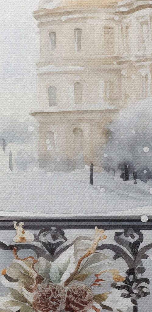 Table with cups and a vase of flowers on it with a snowy landscape Table with cups and a vase of flowers on it with a snowy landscape