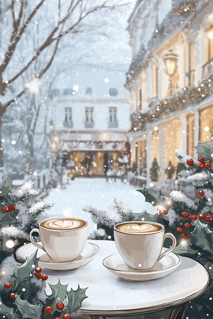 Two cups of coffee on a table in front of a snowy street Two cups of coffee on a table in front of a snowy street