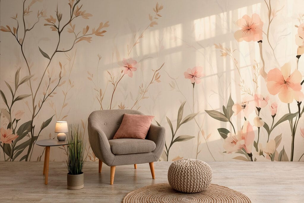 Wallpaper with flowers and leaves