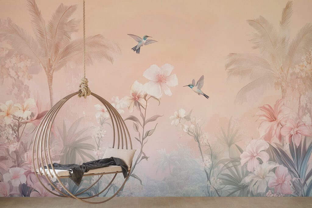 Group of birds flying over flowers