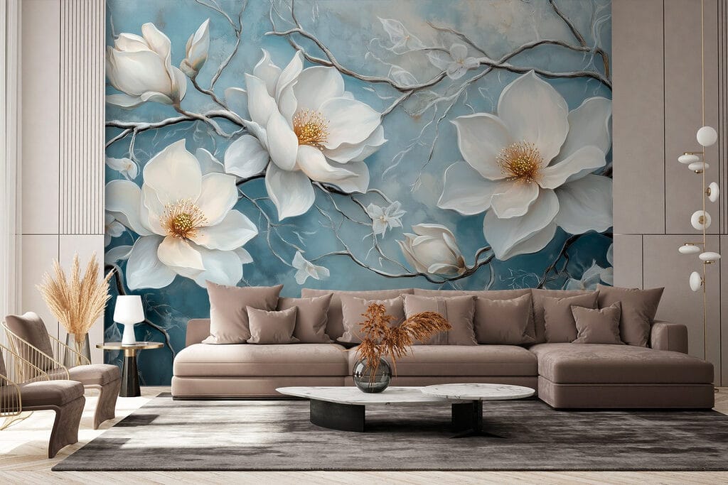 Painting of white flowers on a blue background Painting of white flowers on a blue background