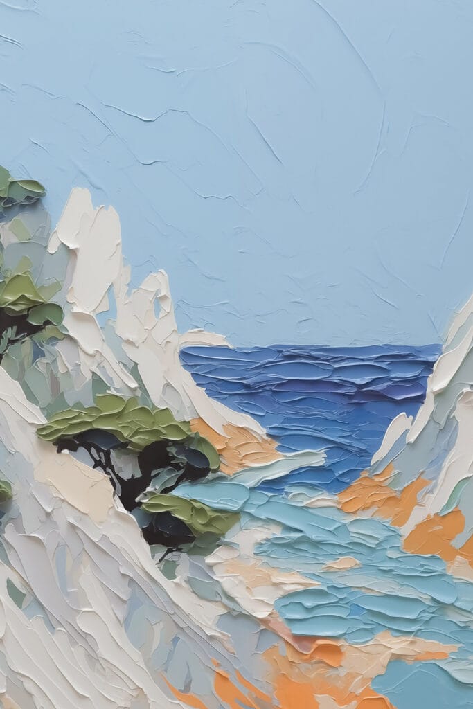 Painting of a beach and trees