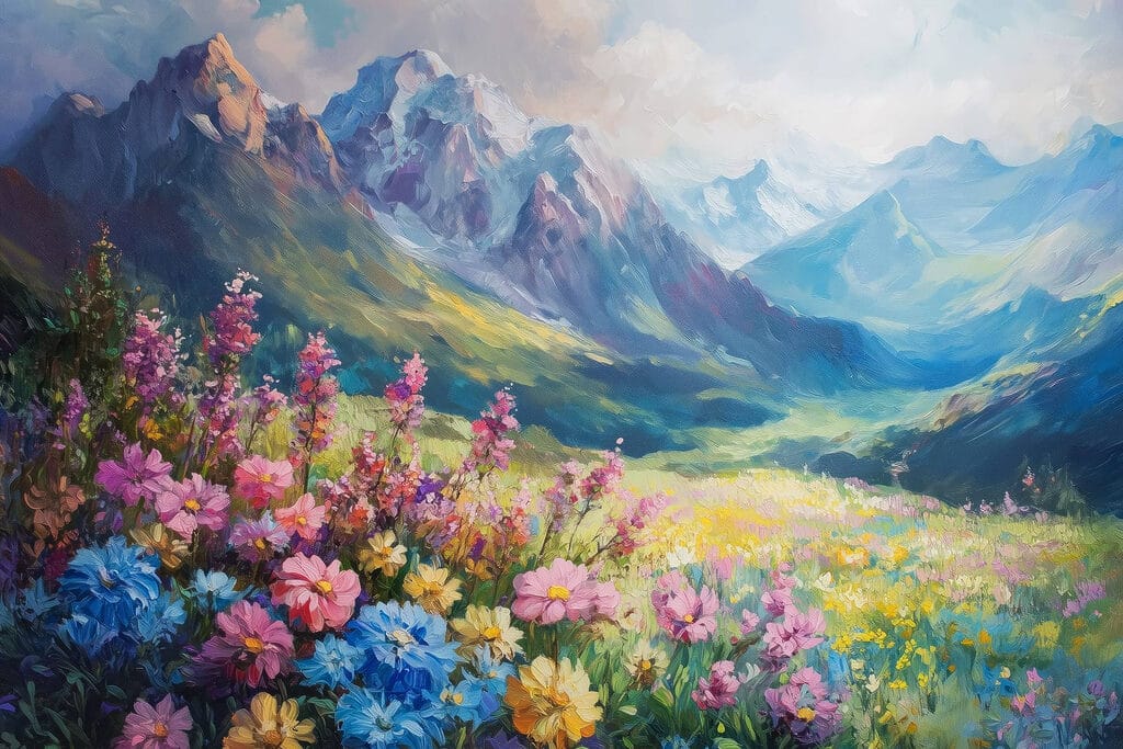 Painting of flowers in a field with mountains in the background Painting of flowers in a field with mountains in the background