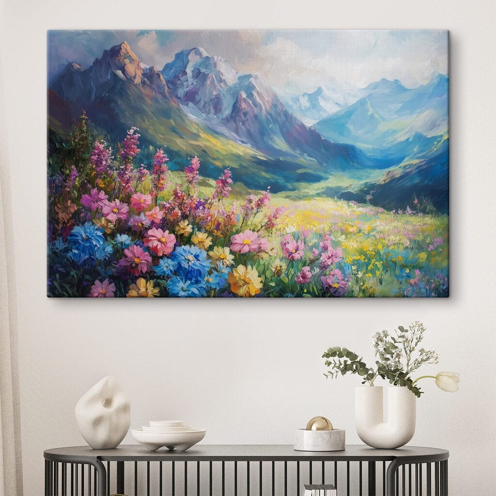 Painting of flowers in a field with mountains in the background Painting of flowers in a field with mountains in the background