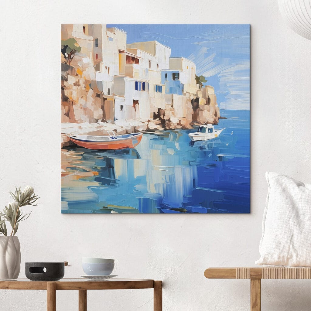 Boats on the water by a cliff