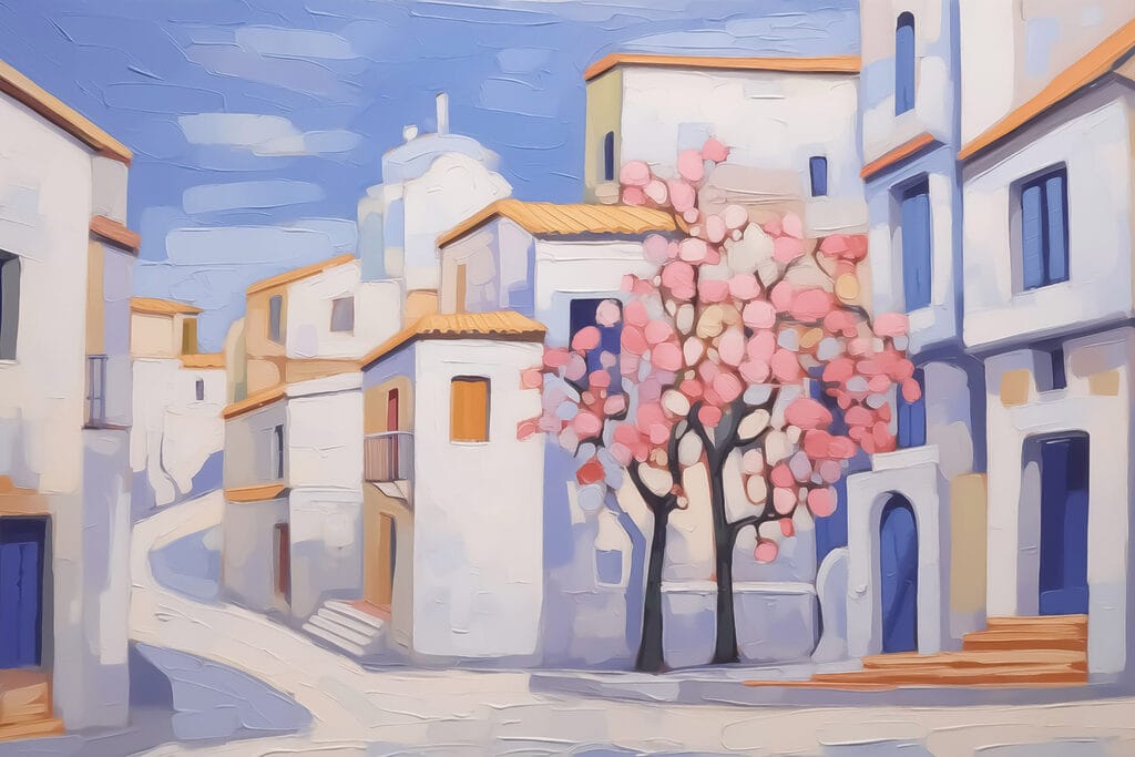 Painting of a tree in front of a building Painting of a tree in front of a building