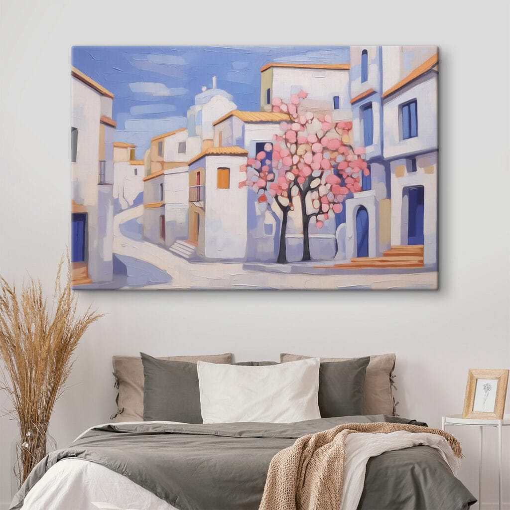 Painting of a tree in front of a building Painting of a tree in front of a building