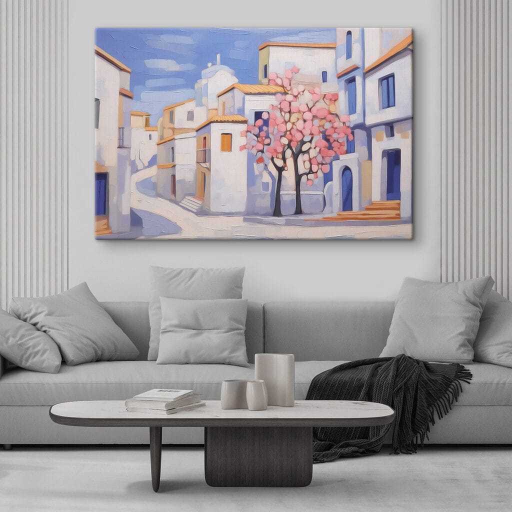 Painting of a tree in front of a building Painting of a tree in front of a building