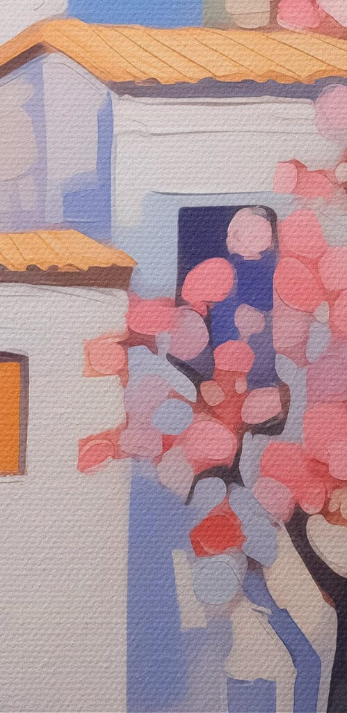 Painting of a tree in front of a building Painting of a tree in front of a building