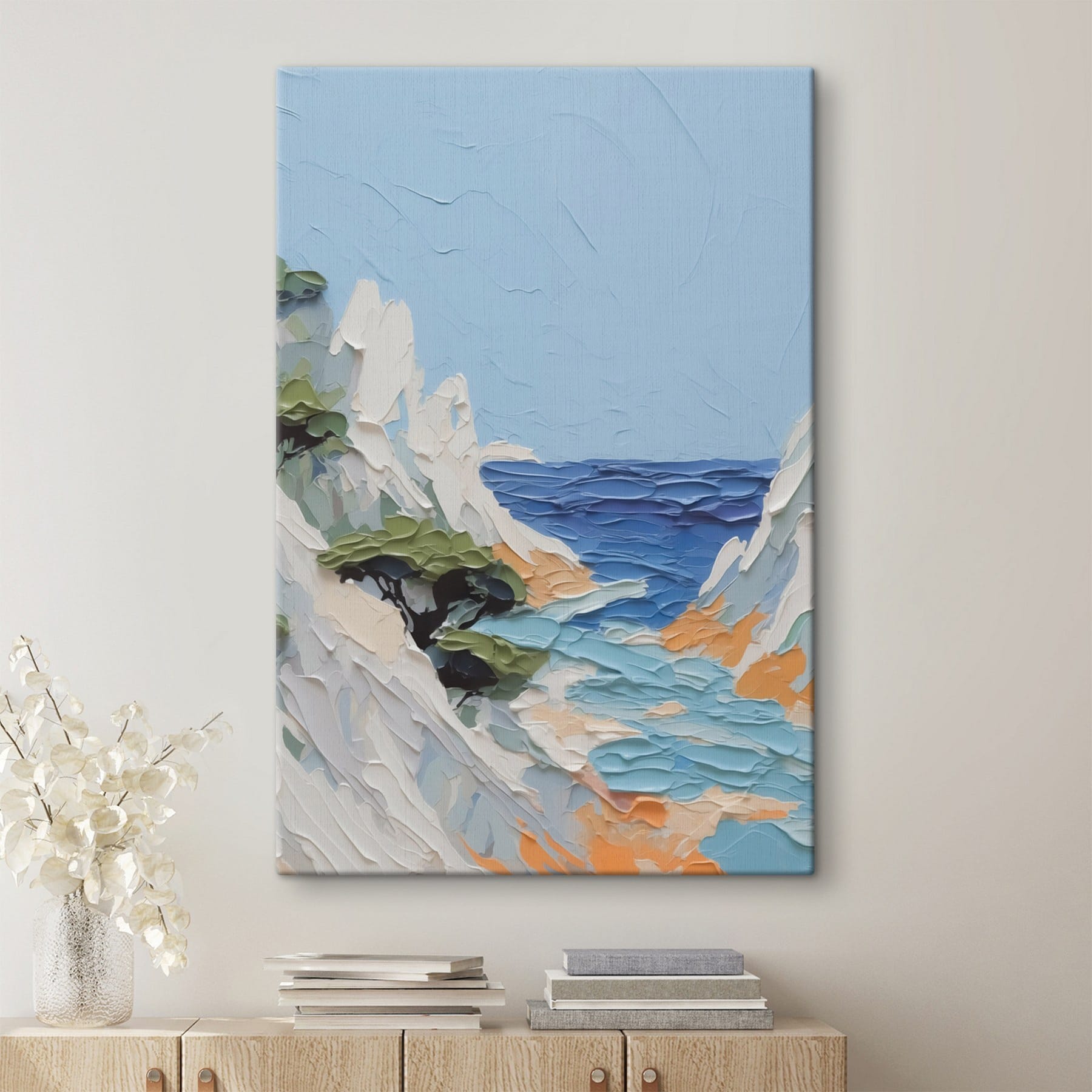 Painting of a beach and trees