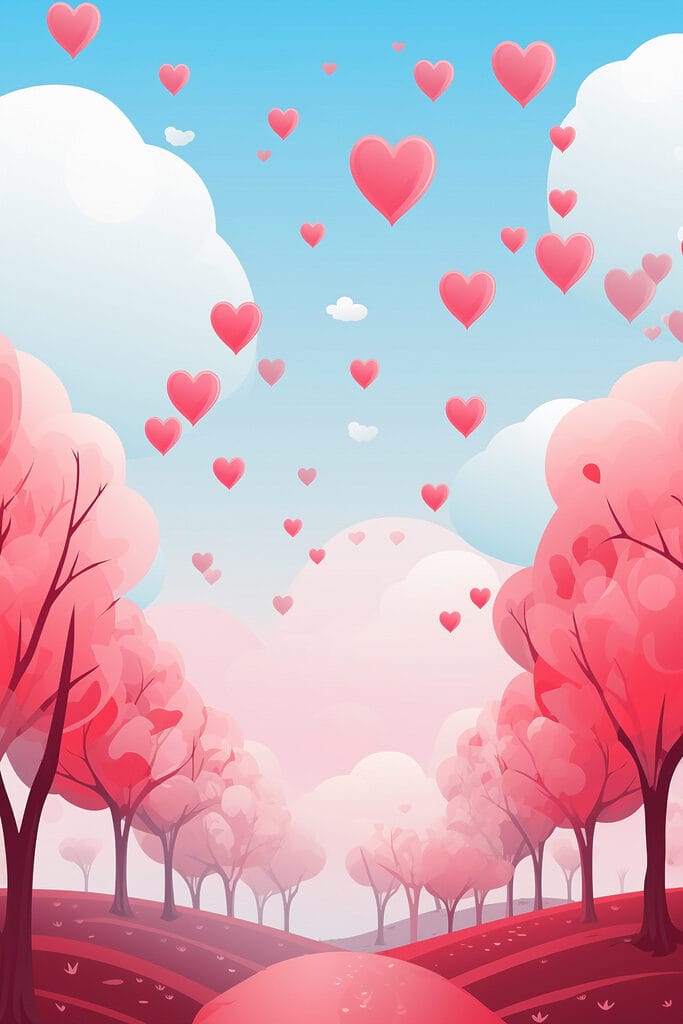 Pink trees with hearts flying in the sky Pink trees with hearts flying in the sky