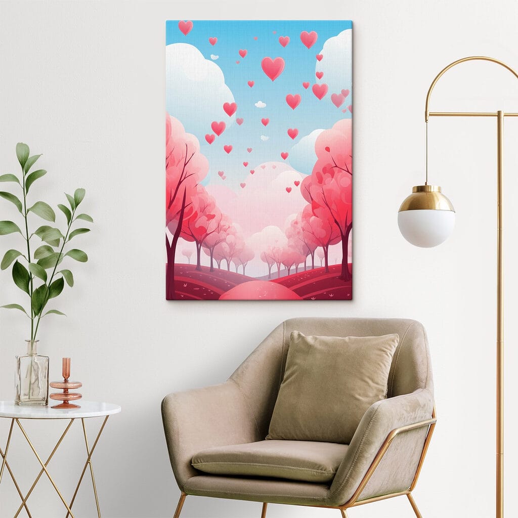 Pink trees with hearts flying in the sky Pink trees with hearts flying in the sky