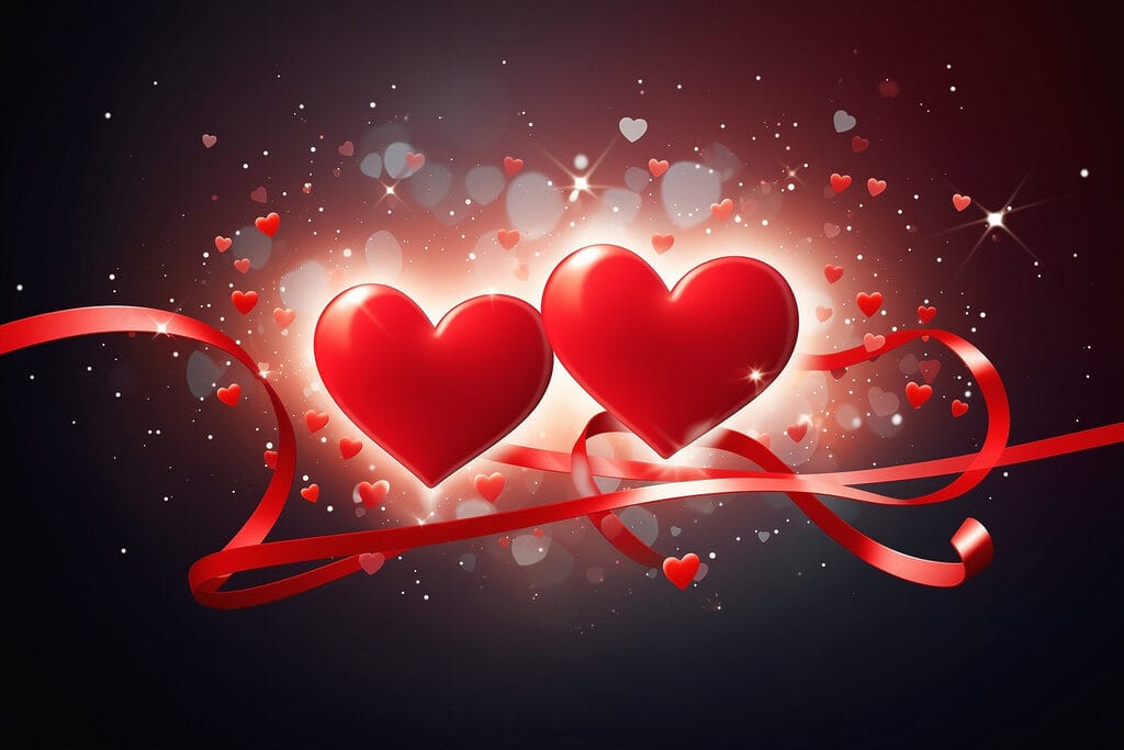 Two hearts with red ribbons and lights Two hearts with red ribbons and lights