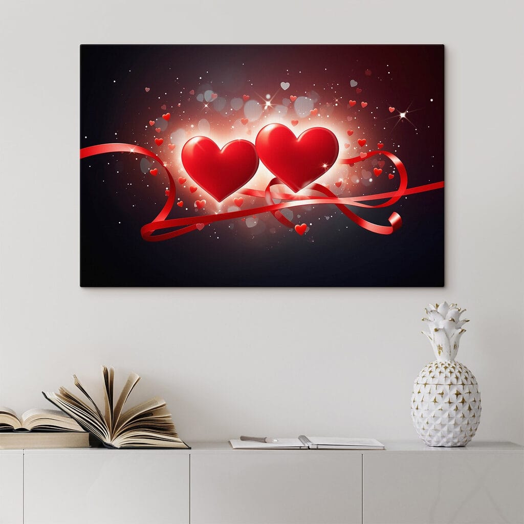 Two hearts with red ribbons and lights Two hearts with red ribbons and lights