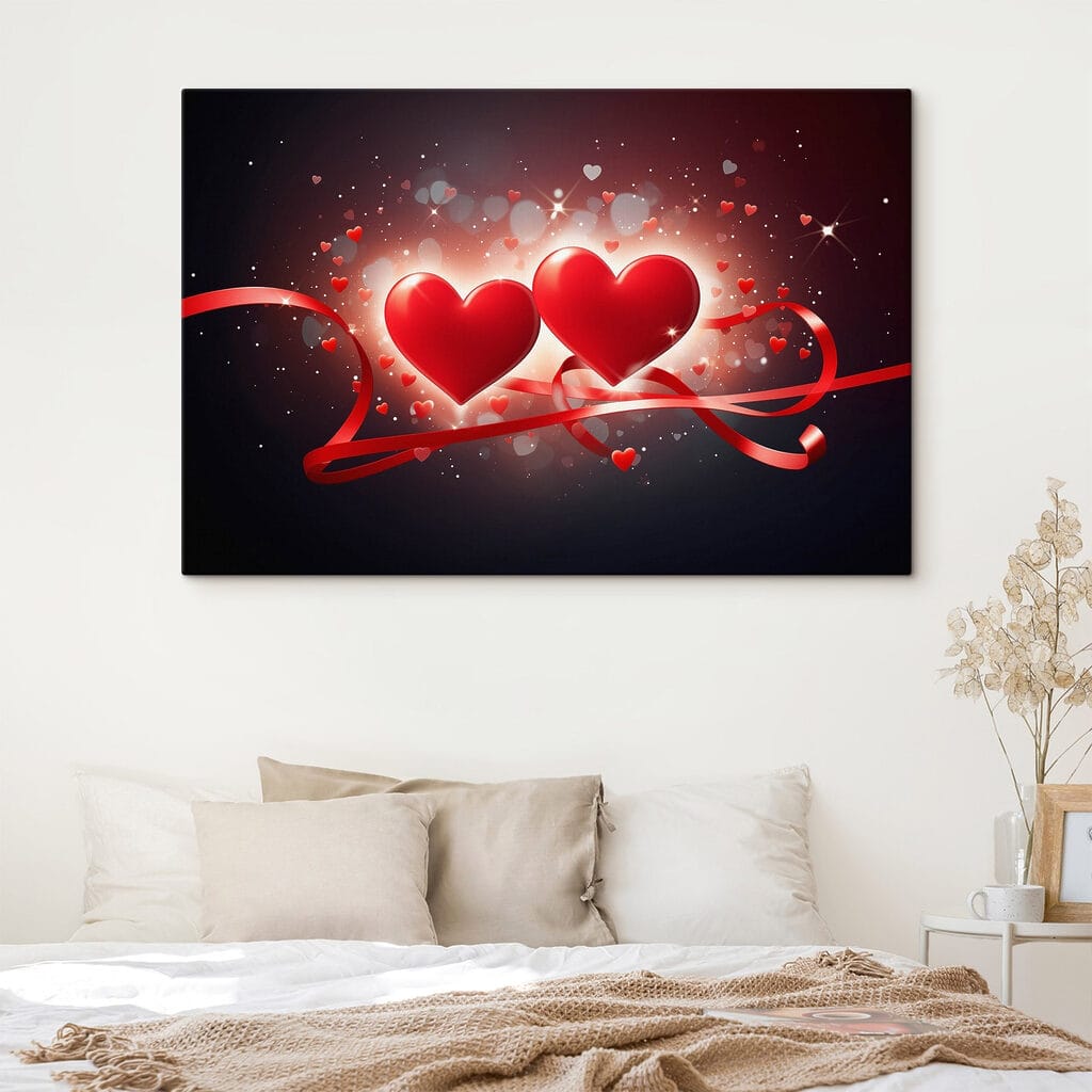 Two hearts with red ribbons and lights Two hearts with red ribbons and lights