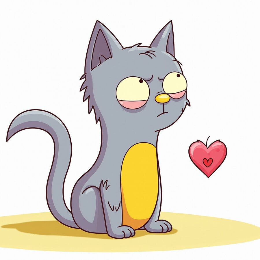 Karikatúra mačky, ktorá sa pozerá na srdce