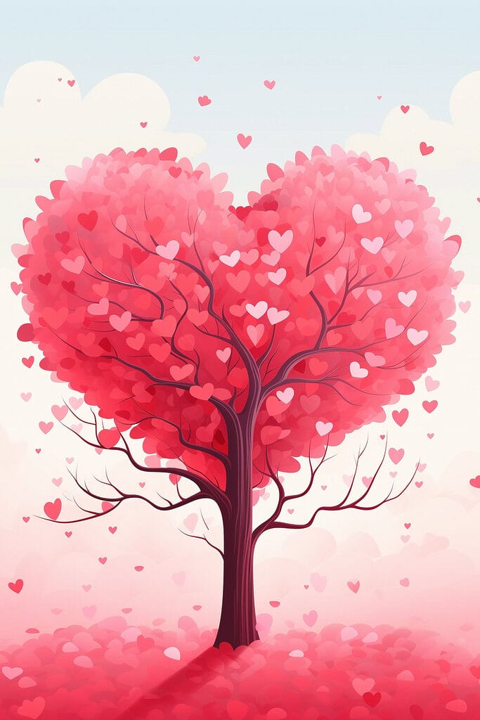 Tree with pink leaves and hearts