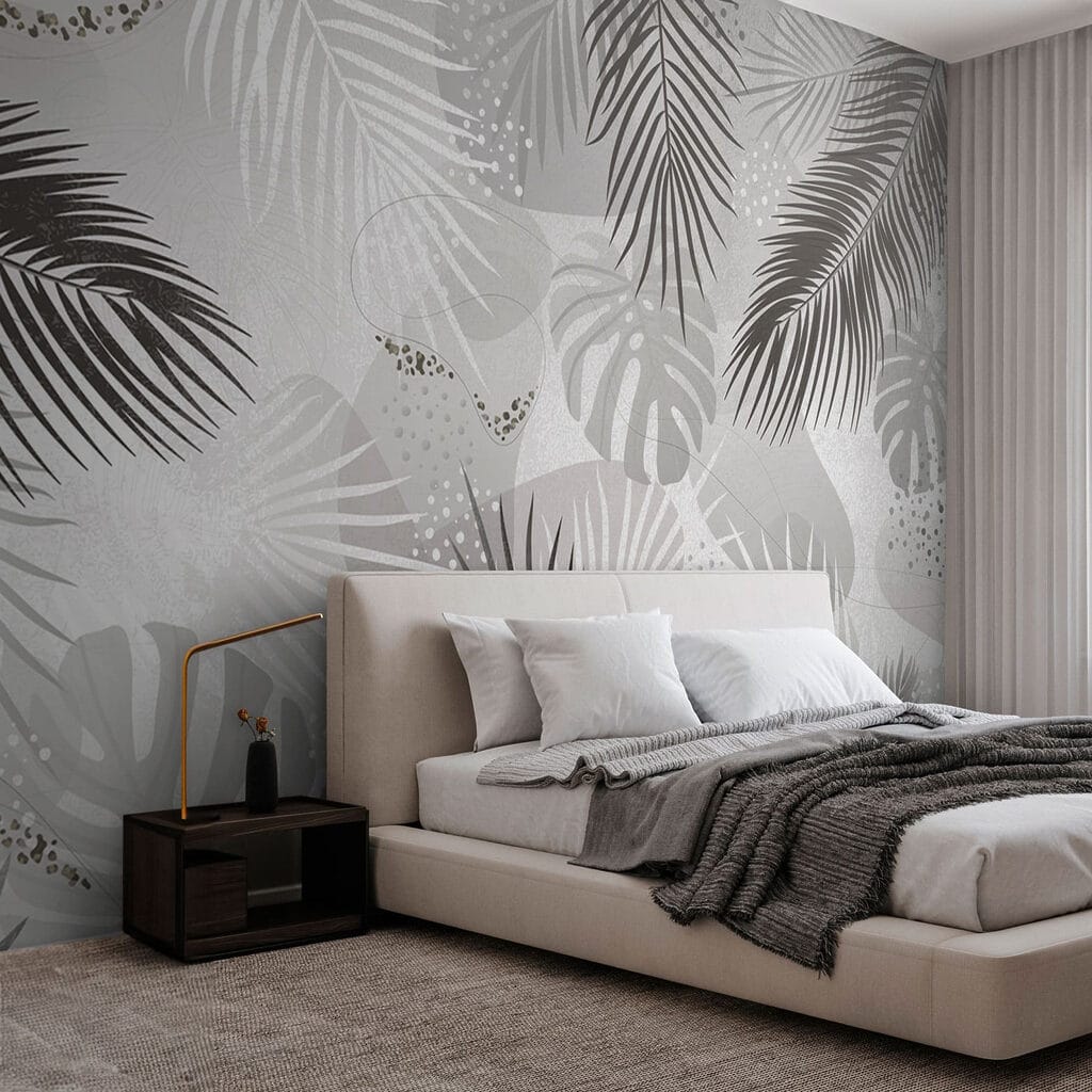 Grey and white background with leaves